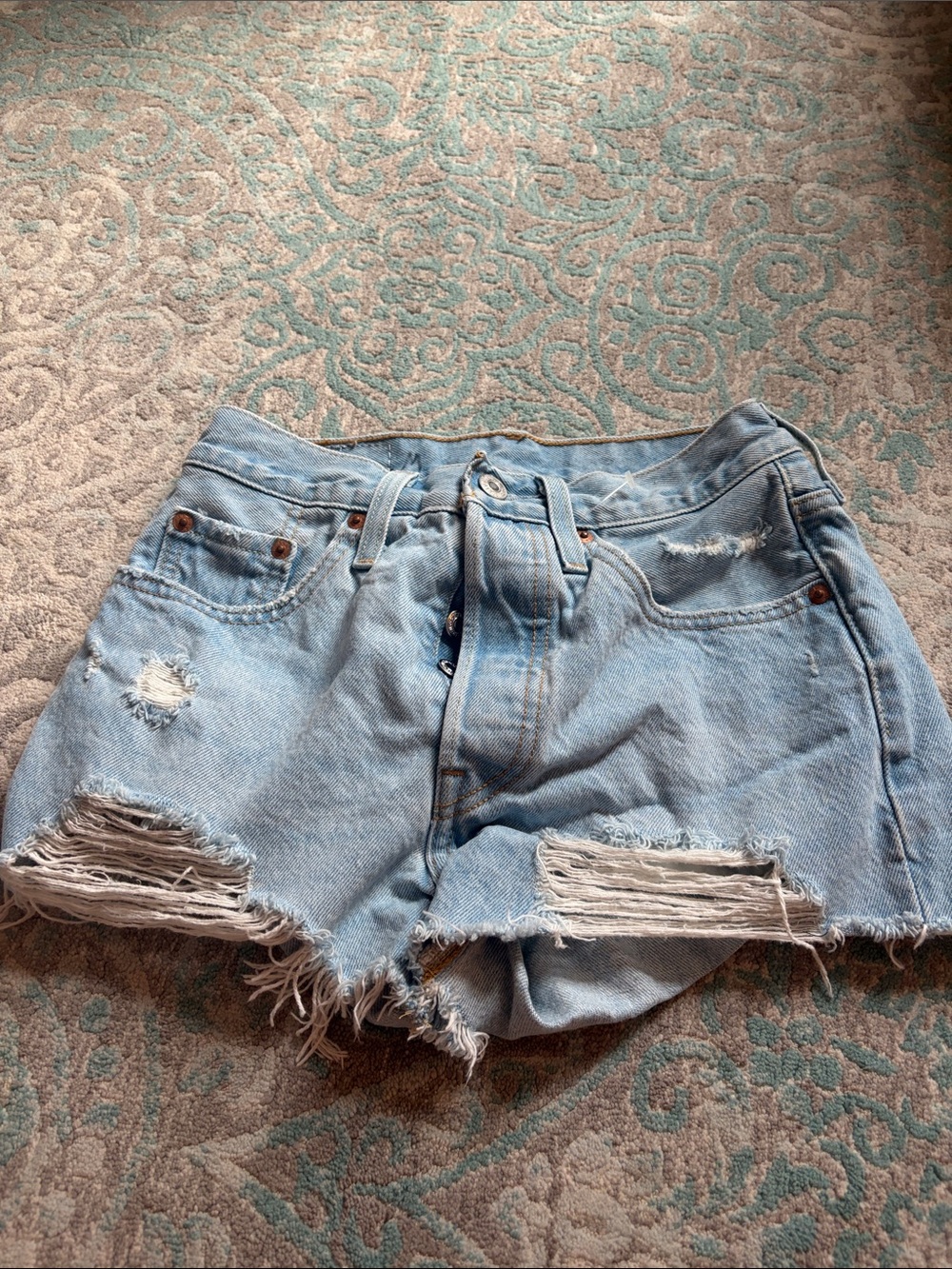 Levi's Light Blue Distressed High-Rise Denim Shorts